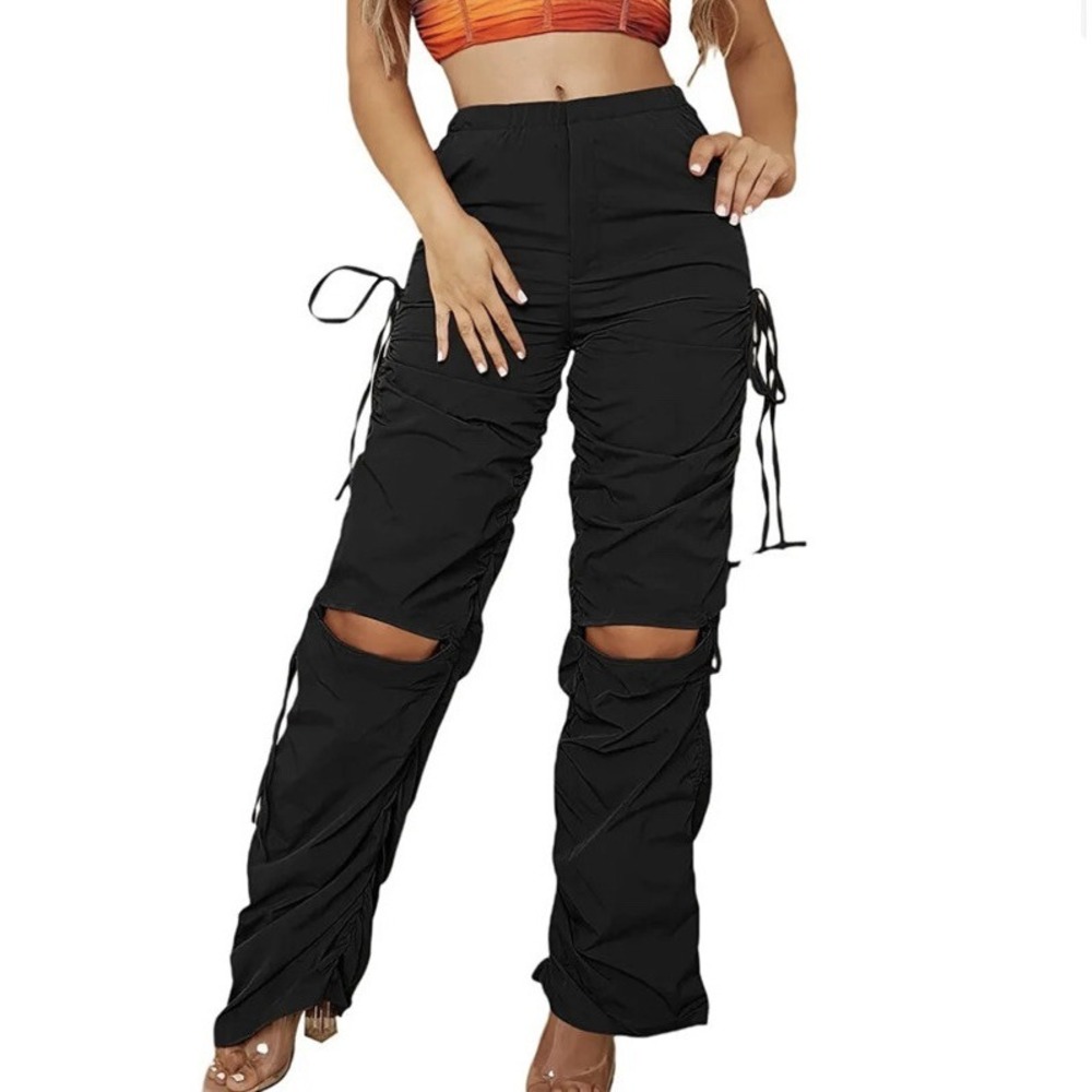 Makemechic Pants Women Sz S Elastic Waist Cut Out Drawstring Sides Straight Leg